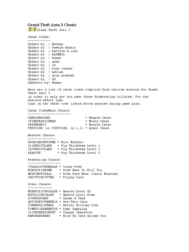 GTA 3 PC cheat codes - GTA 3 PC cheat codes If you're playing GTA 3 on PC,  these are the cheat codes - Studocu