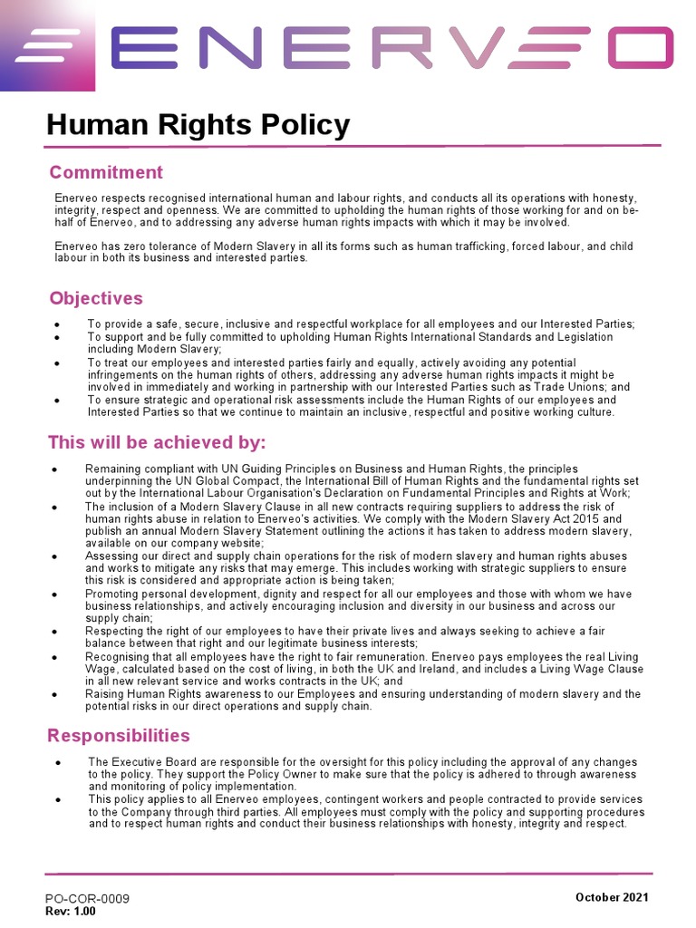 Enerveo Human Rights Policy Overview | PDF | Cost Of Living | Employment
