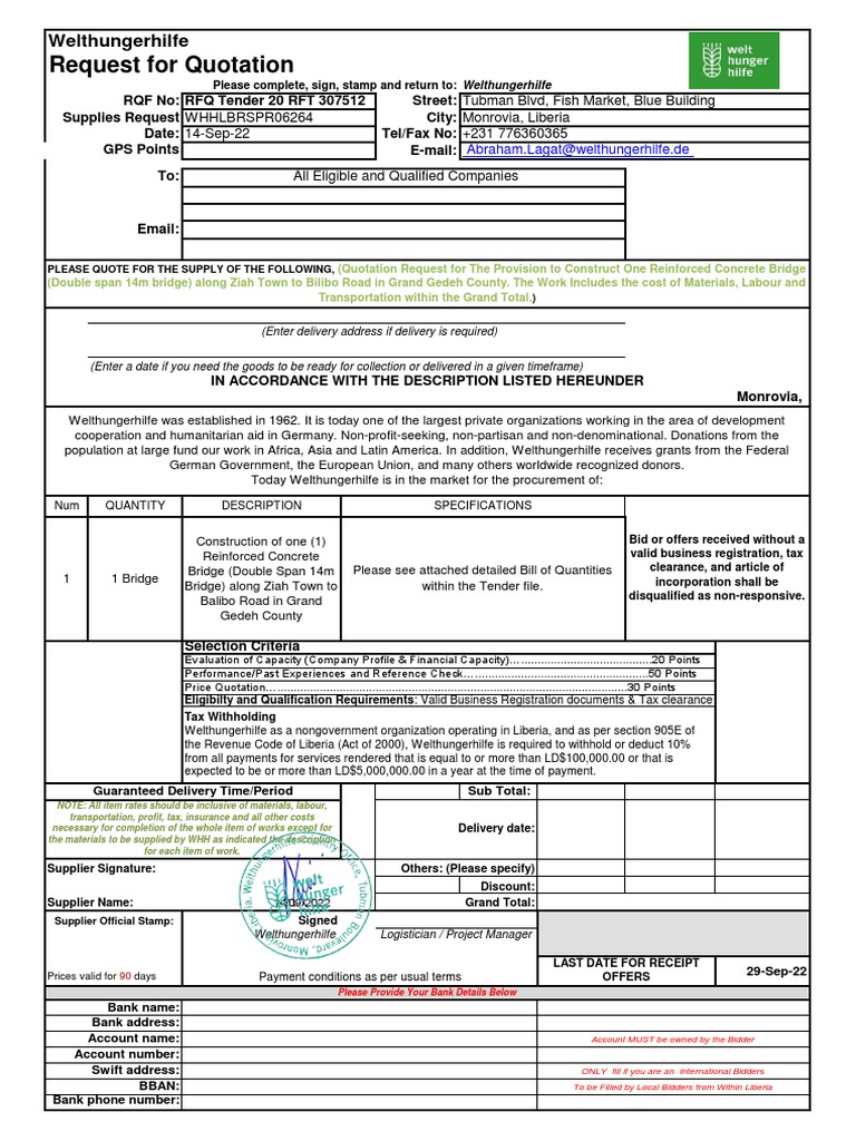 RFT 307512 - Annex 7 Quotation Request For The Construction of One 14 ...