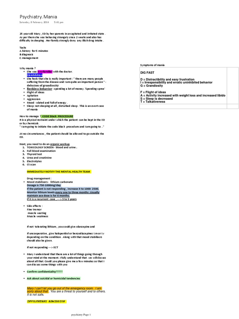 Psychiatry Mania | PDF | Mania | Abnormal Psychology