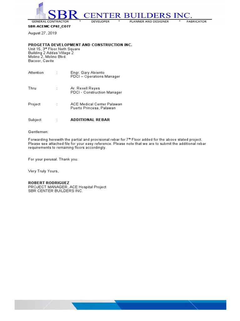 Additional Rebar Requirements for the 7th Floor of the ACE Medical