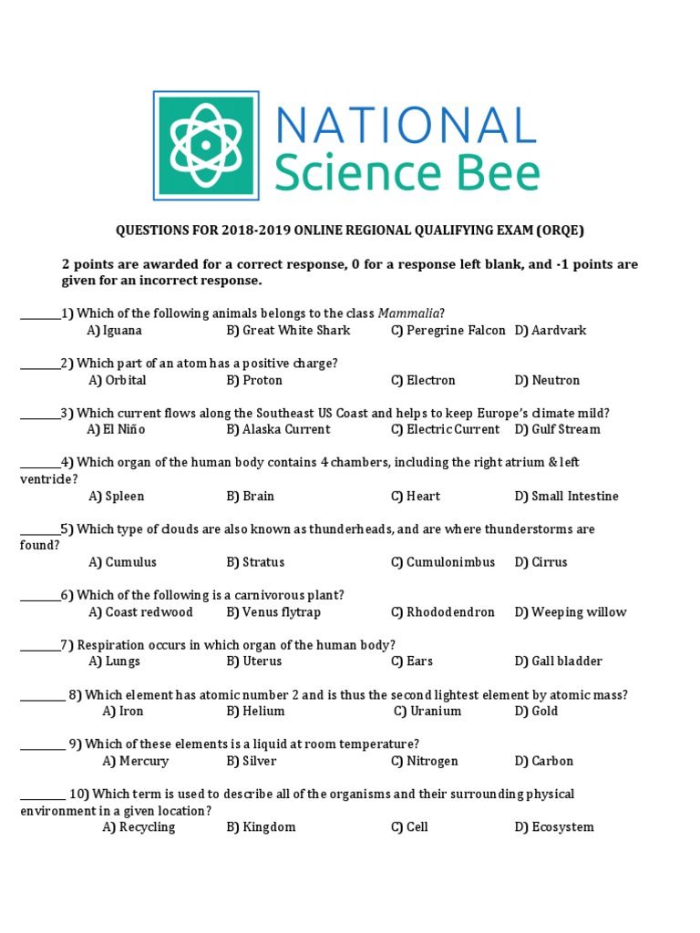 2018 2019 national science bee online regional qualifying exam pdf