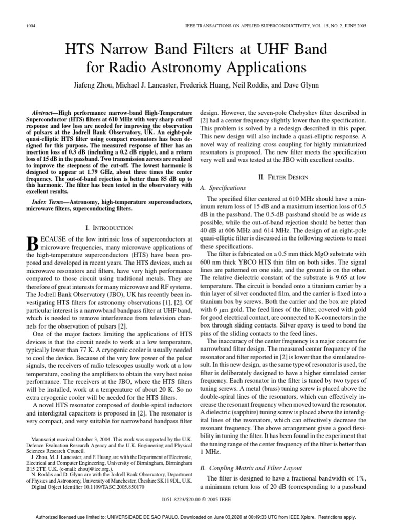 Hts Narrow Band Filters Uhf Astronomy PDF Filter (Signal Processing