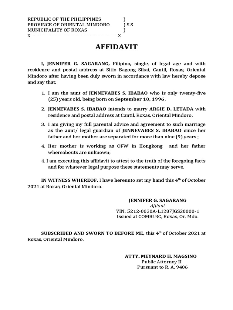 Affidavit of Consent - Marriage - Domingo | PDF | Affidavit | Legal ...