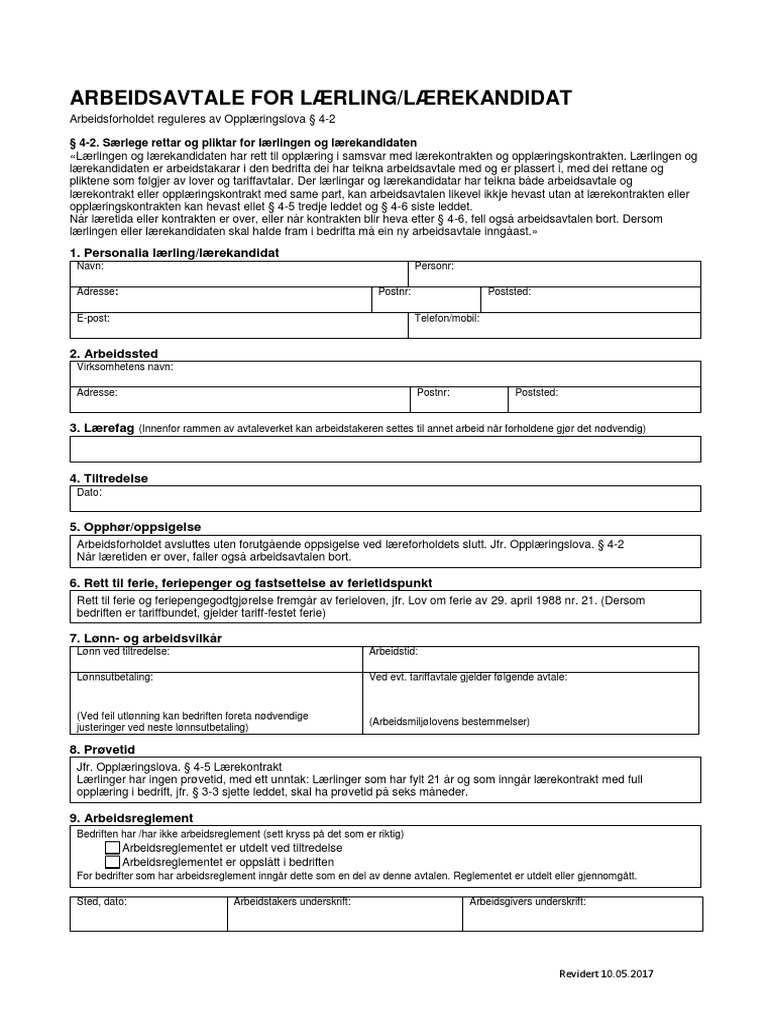 Standard Arbeidsavtale For Lærlinger Og Lærekandidater | PDF