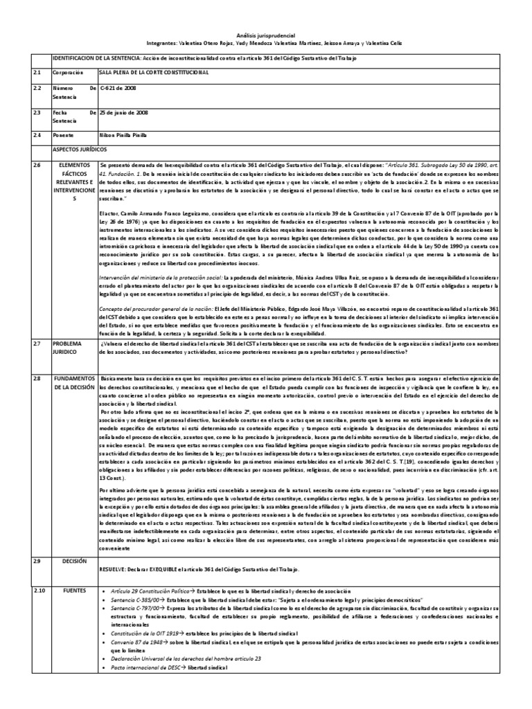 Análisis Sentencia C-621 de 2008 | PDF | Sindicato | Constitución