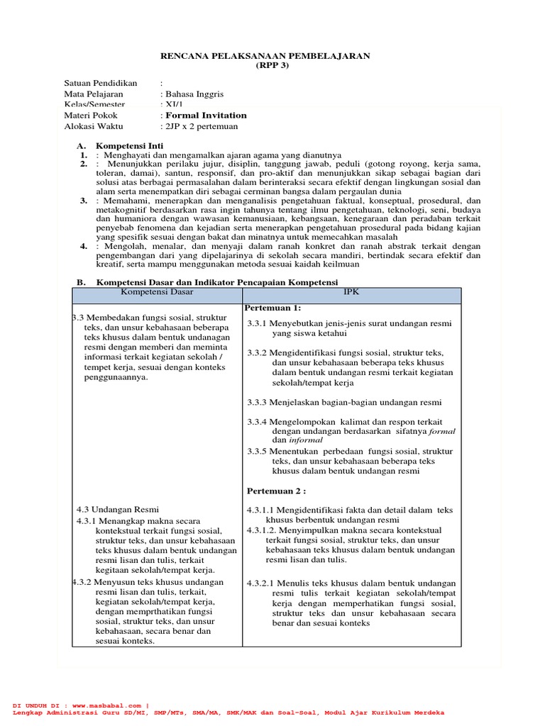 RPP Invitation Bahasa Inggris Kelas XI Lengkap LKPD Dan Materi Ajar PDF
