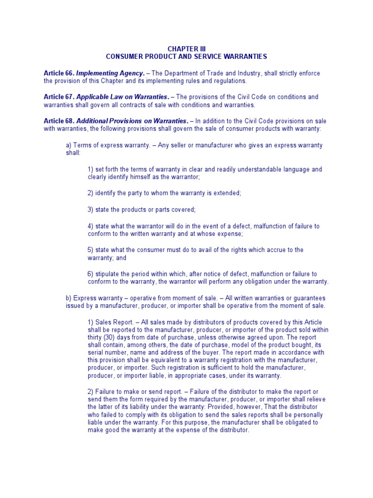 Warranty Provisions Under The Consumer Act of The Philippines PDF