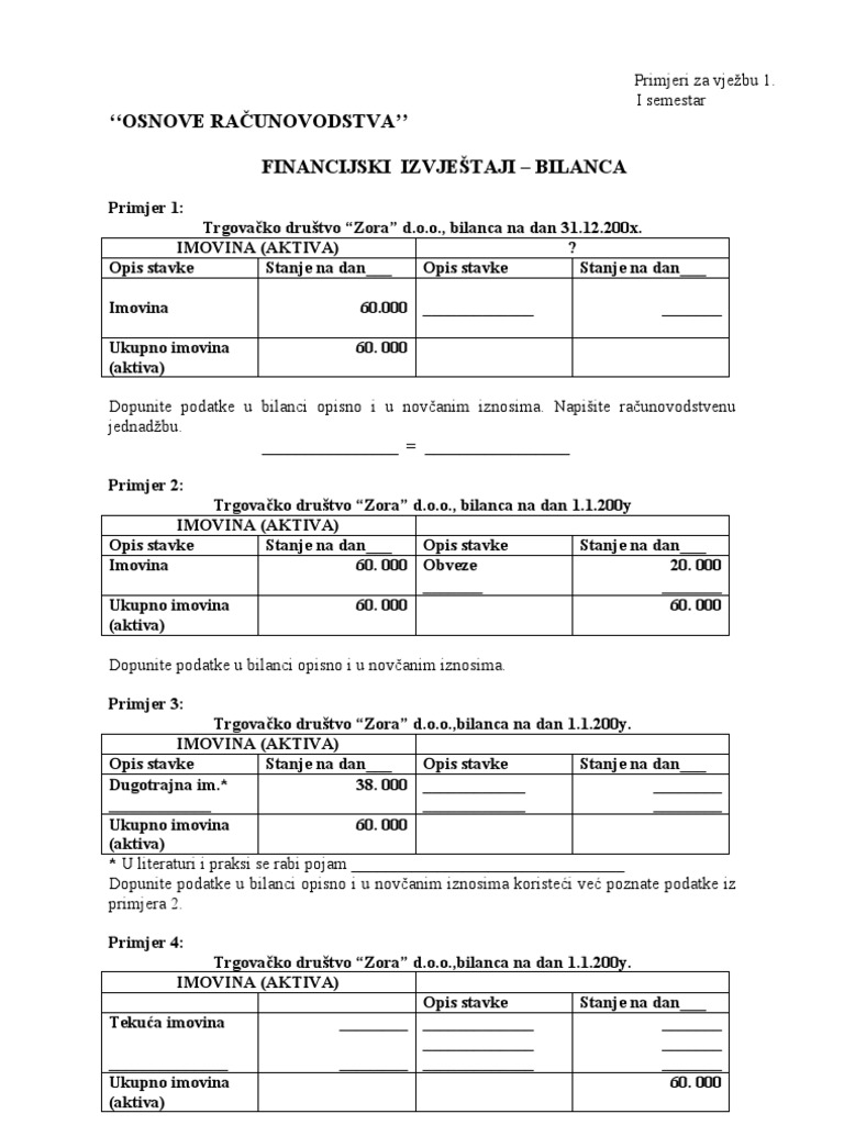 ZADACI ZA VJEŽBU IZ PREDMETA OSNOVE RAČUNOVODSTVA