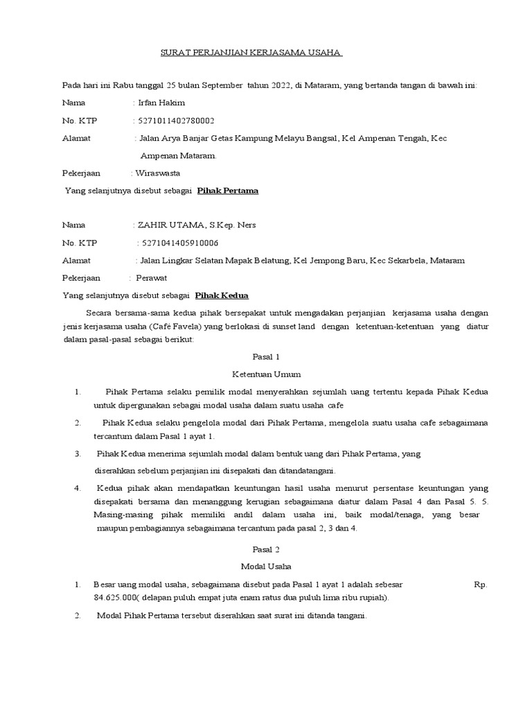 Contoh Surat Perjanjian Kerjasama Modal | PDF