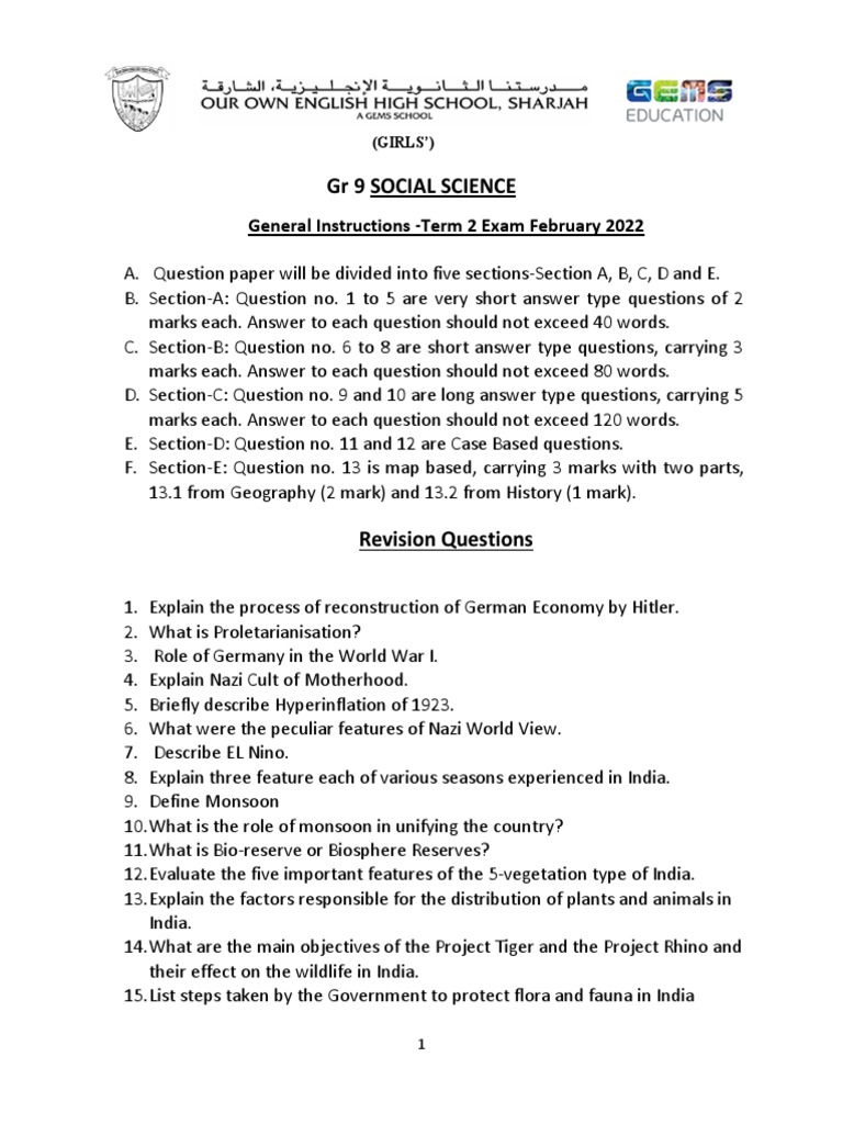Oos 2021 22 GR 9 SST Revision Questions Final Exam | PDF | Nazi Germany