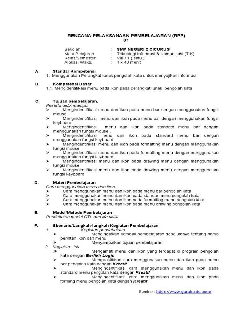 RPP TIK: Menu dan Ikon Pengolah Kata | PDF
