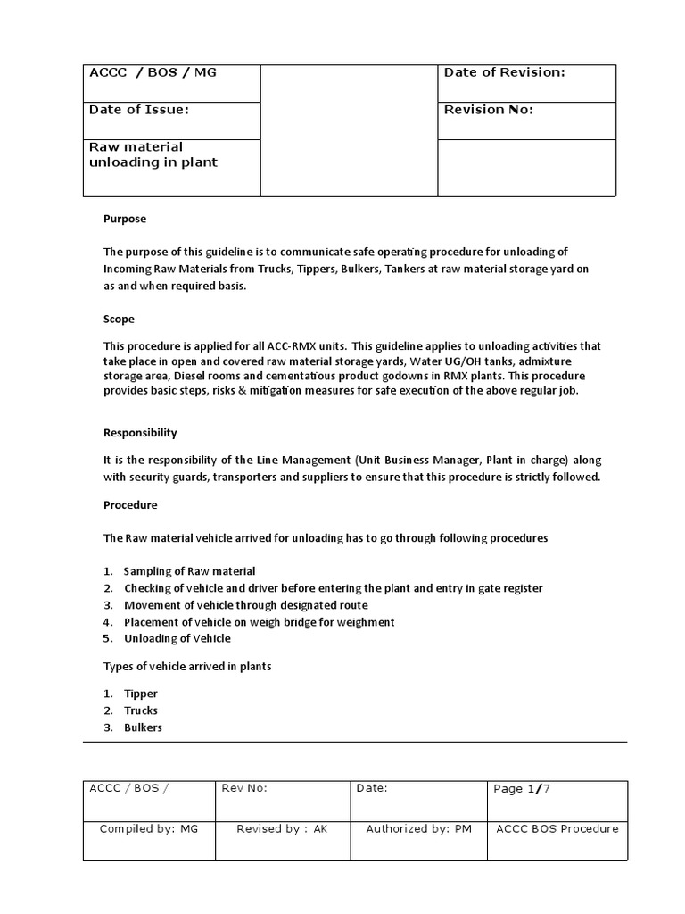 SOP Raw Material Unloading in Plant 2020 PDF Truck