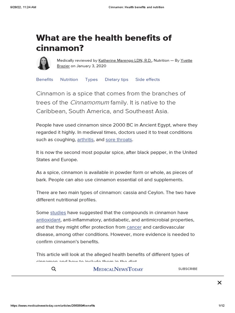 Cinnamon Health Benefits and Nutrition PDF Cinnamon Dietary Supplements
