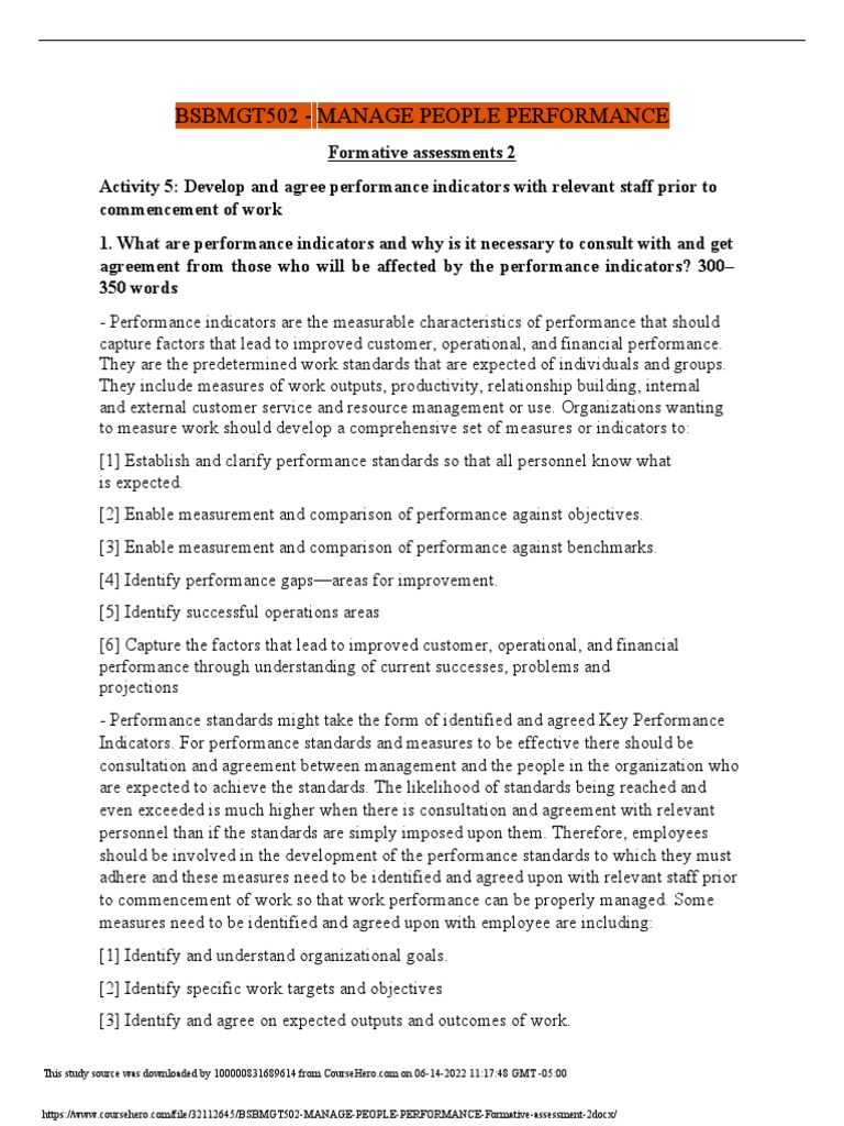 BSBMGT502 MANAGE PEOPLE PERFORMANCE Formative Assessment 2 | PDF ...