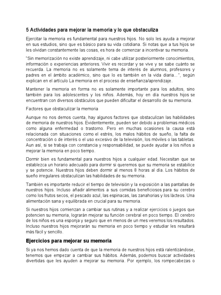 Actividades para Mejorar la Memoria Infantil | PDF | Memoria | Dormir