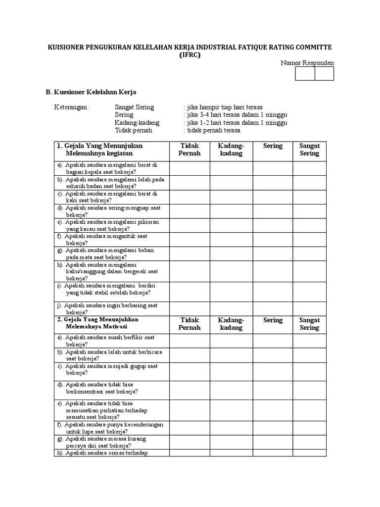 Kuesioner Kelelahan Kerja IFRC | PDF