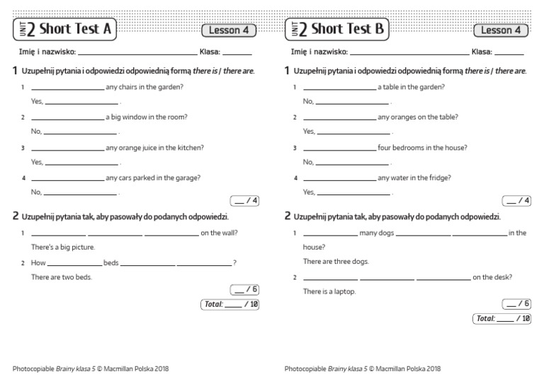 Brainy Klasa 5 Testy Pdf Unit 5 Brainy_5_Short_Tests_Unit_2_Lesson_4 | PDF