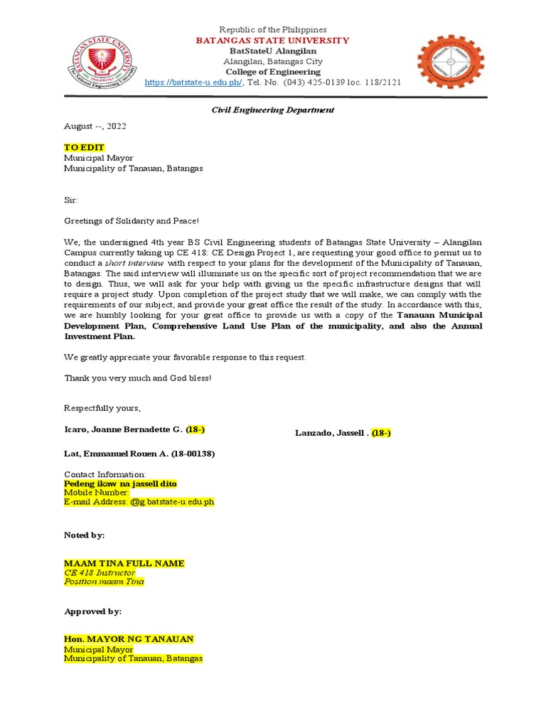 Communication Letter To Tanauan Batangas CE 4108 | PDF