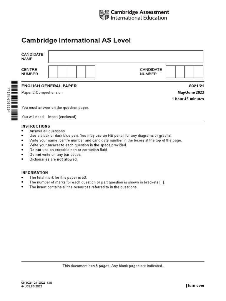 Cambridge International AS Level 8021/21 English General Paper PDF