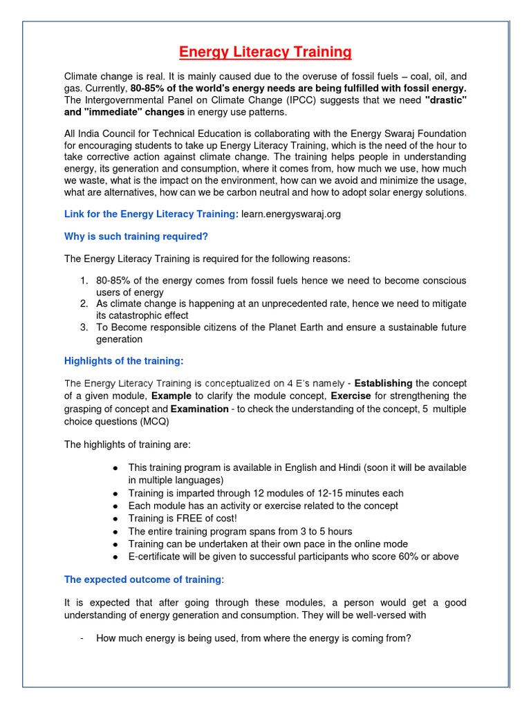 Energy Literacy Training Aicte Pdf Climate Change Fossil Fuels