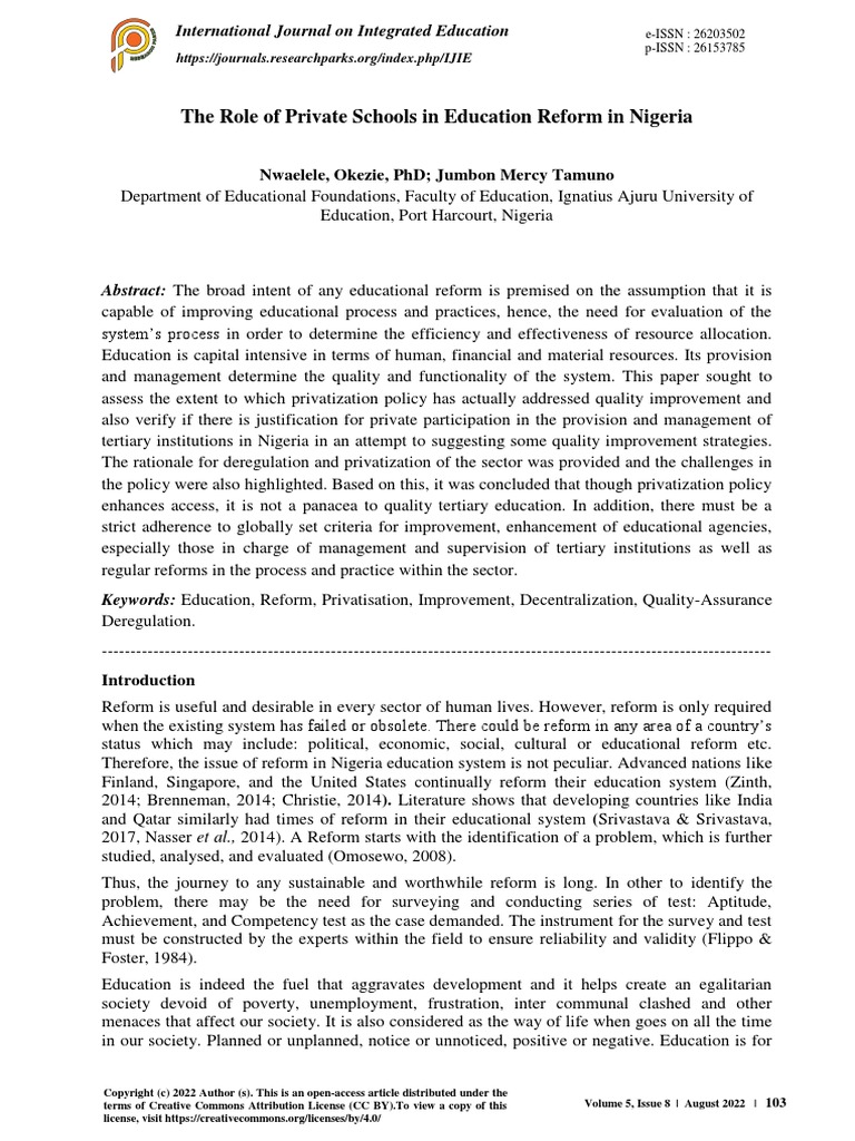 The Role of Private Schools in Education Reform in Nigeria | PDF ...