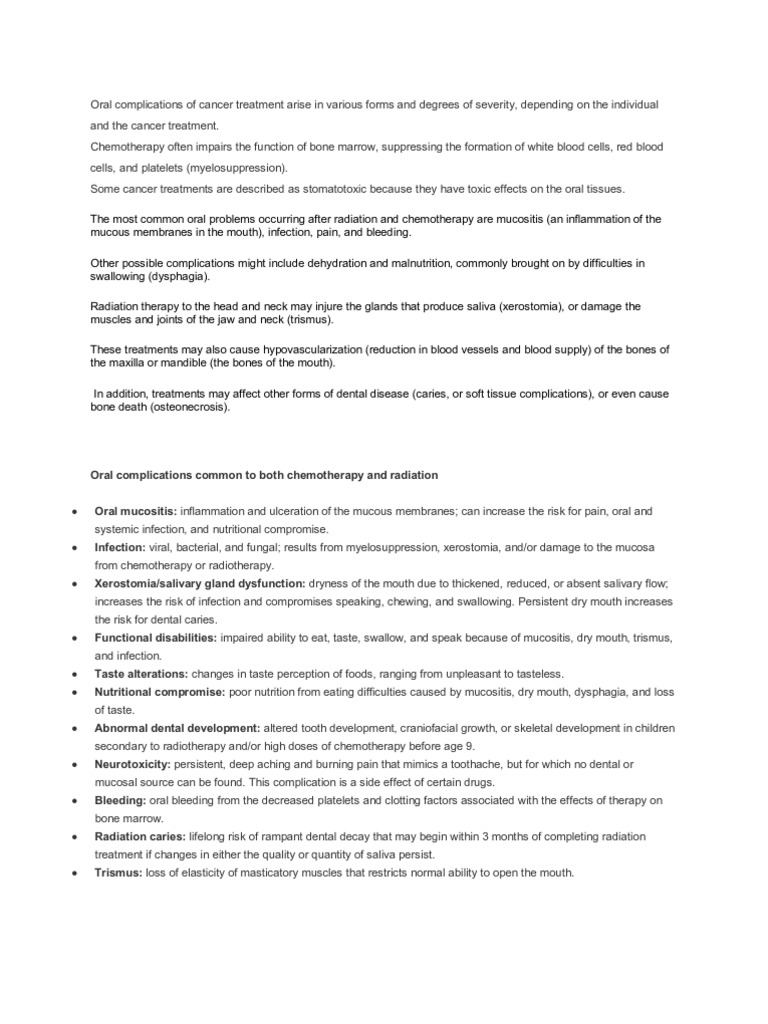 Oral Complications of Cancer Treatment Medicine Medical Specialties