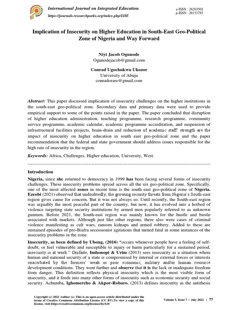 Implication of Insecurity On Higher Education in South-East Geo ...