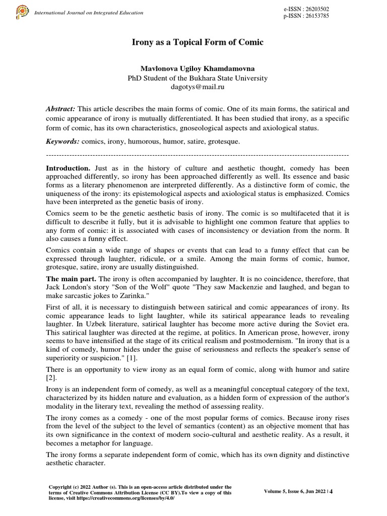 Irony As A Topical Form of Comic PDF Humour Satire