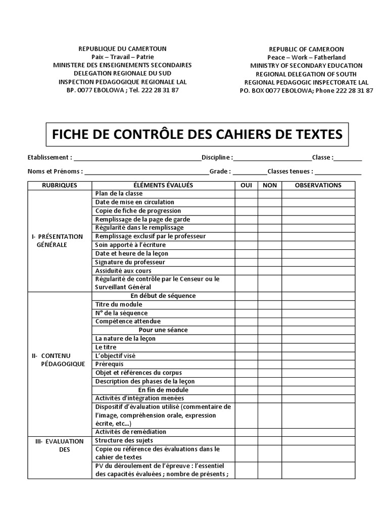 Page De Garde Signature Cahier D évaluation Fiche de Contrôle Des Cahiers de Textes | PDF | Pédagogie