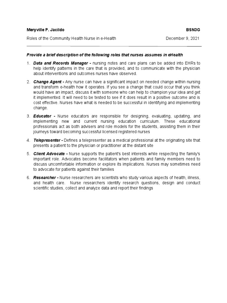 Roles of The Community Health Nurse | PDF