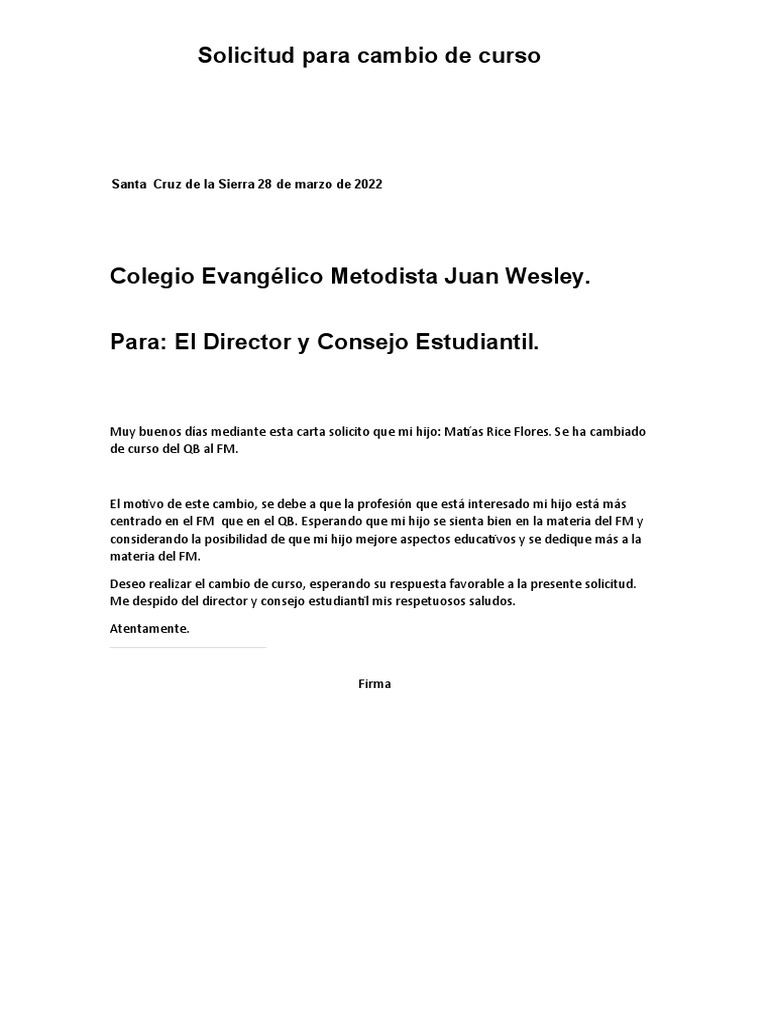 Solicitud Para Cambio De Curso Pdf