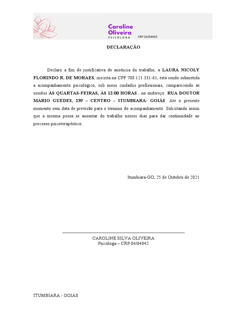 Declara o de presen a em atendimento psicologico pdf