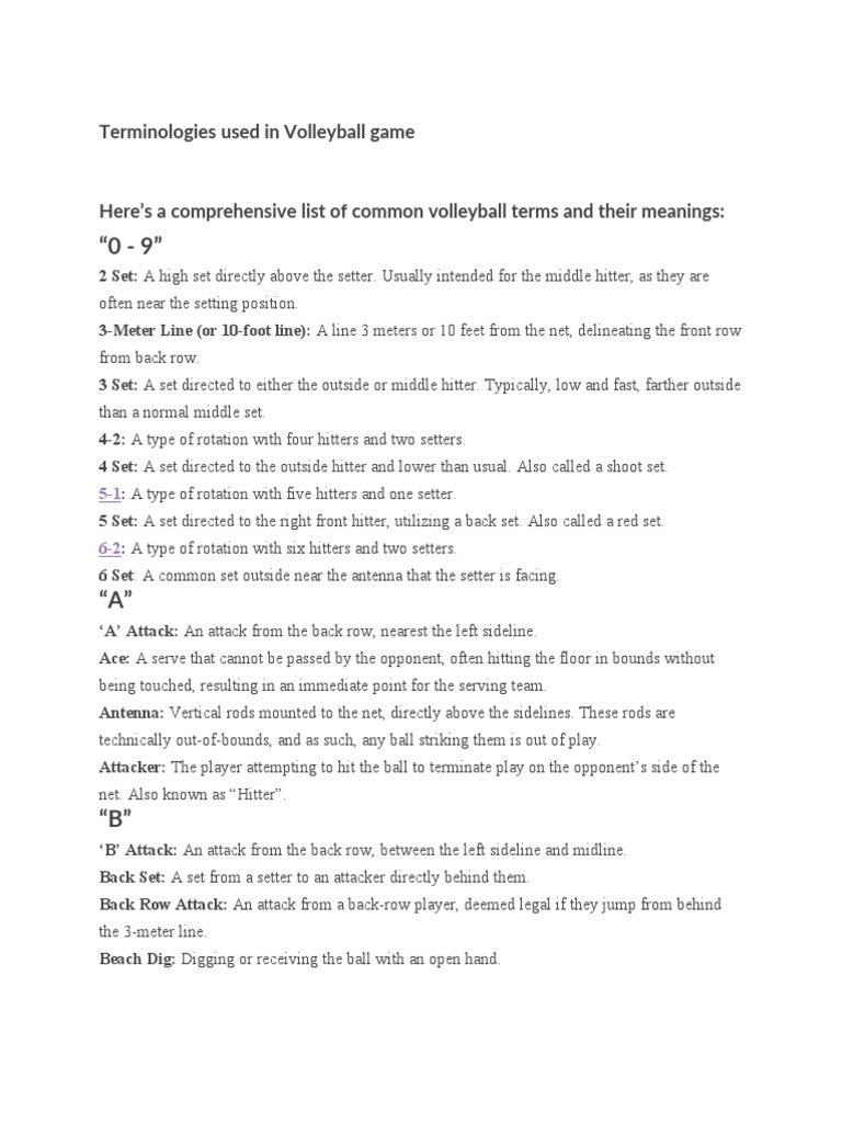 Terminologies Used In Volleyball Game Pdf Volleyball Leisure