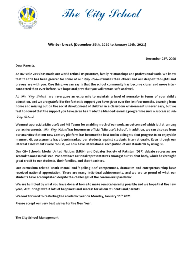 Winter Break Message to Parents | PDF | Cognition | Learning