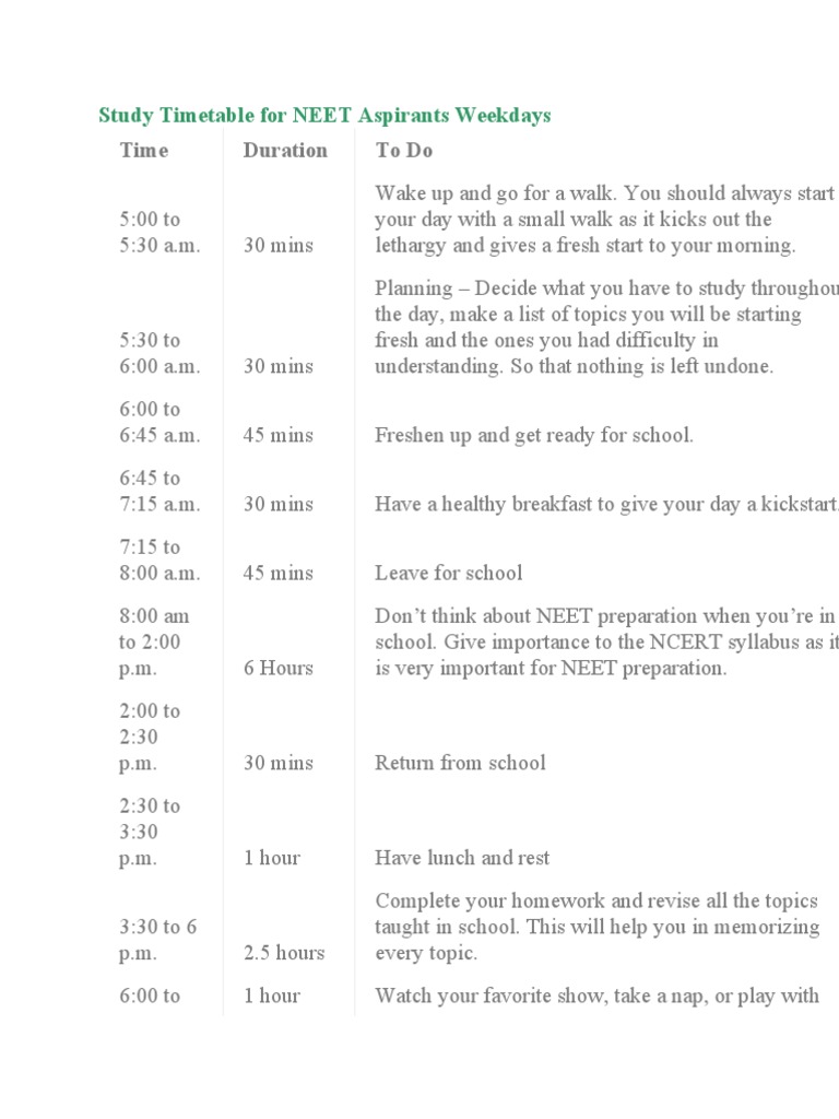 Study Timetable For NEET Aspirants Weekdays PDF