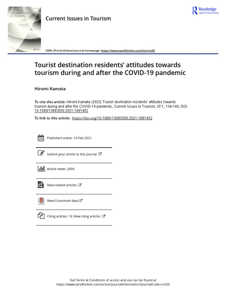 Tourist Destination Residents Attitudes Towards Tourism During and ...