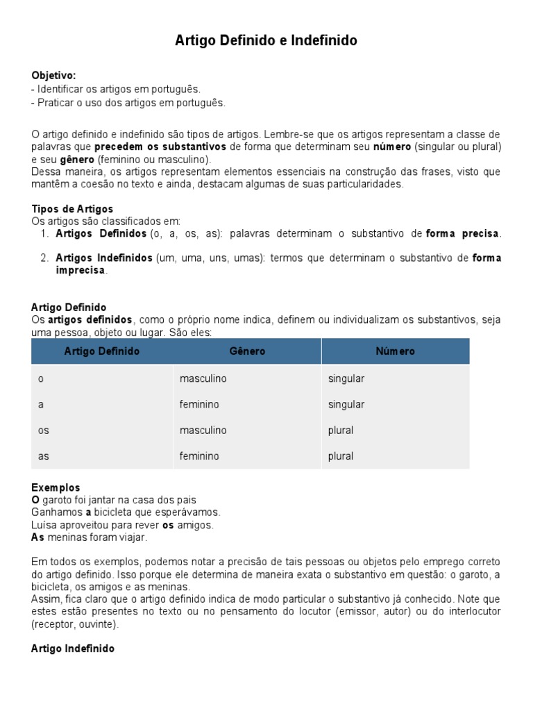 Artigo Definido e Indefinido | PDF | Cognição | Vocabulário