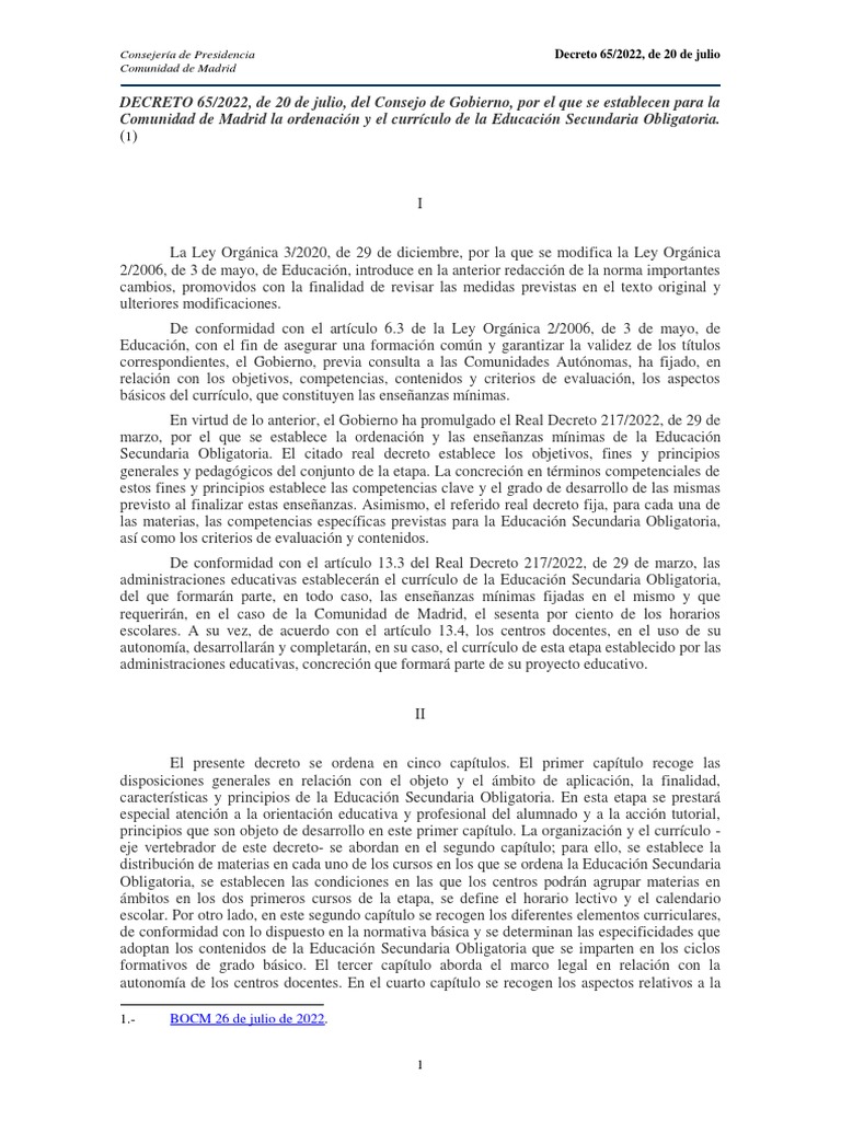 Decreto Secundaria Lomloe Madrid | PDF | Evaluación | Plan de estudios