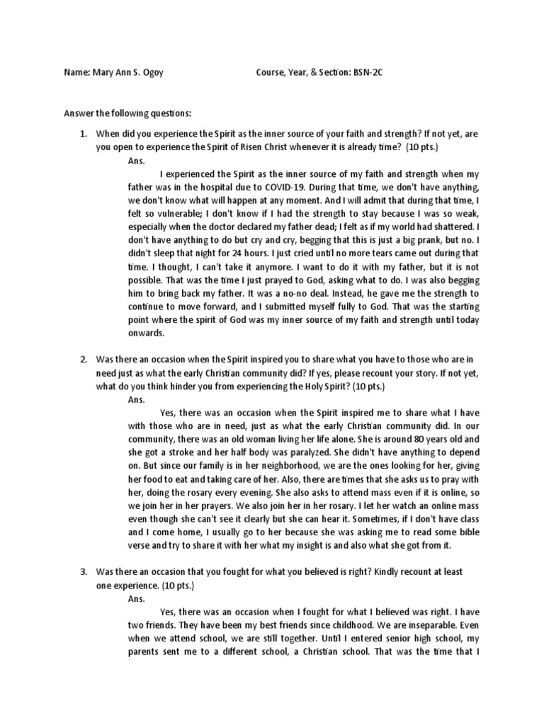 RE Activity - Ogoy (BSN 2C) | PDF | Prayer | Faith