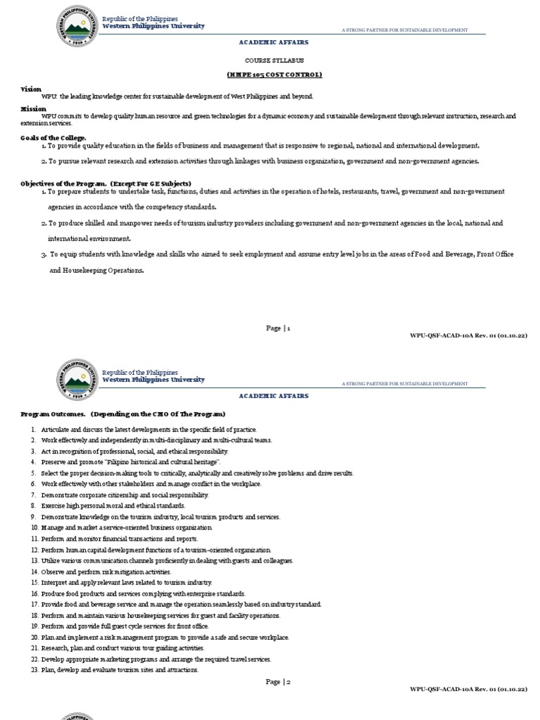 10 Course Syllabus Revised PDF Tourism Cost Accounting