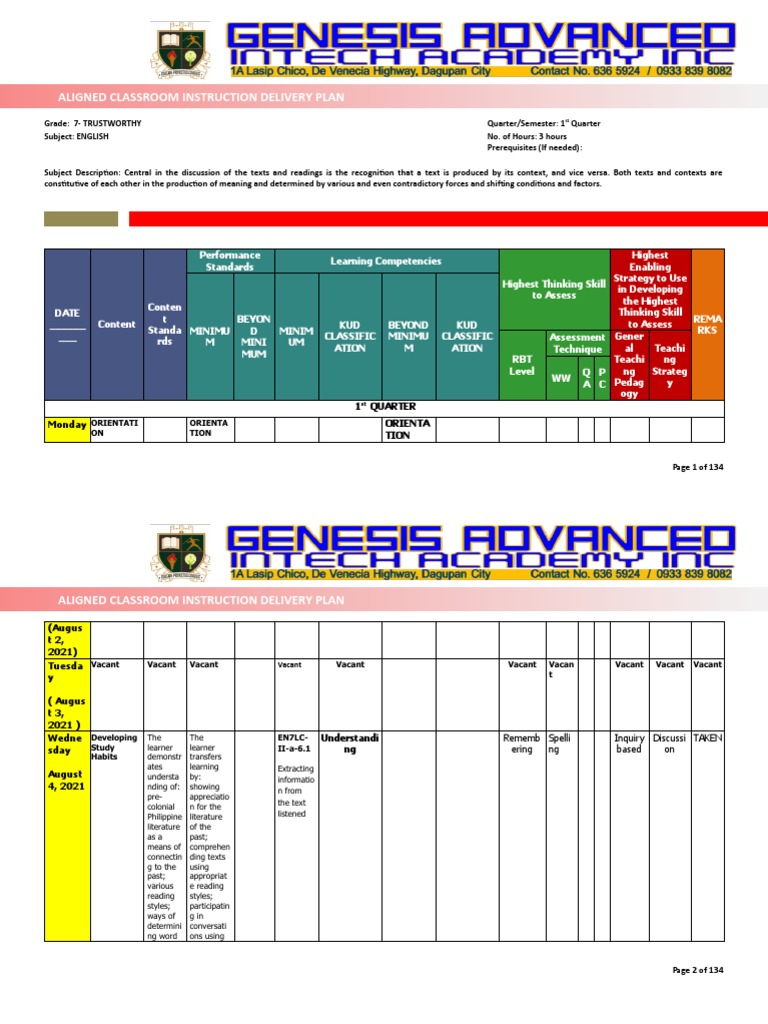 7th Grade English Instruction Plan | PDF | Learning | English Language