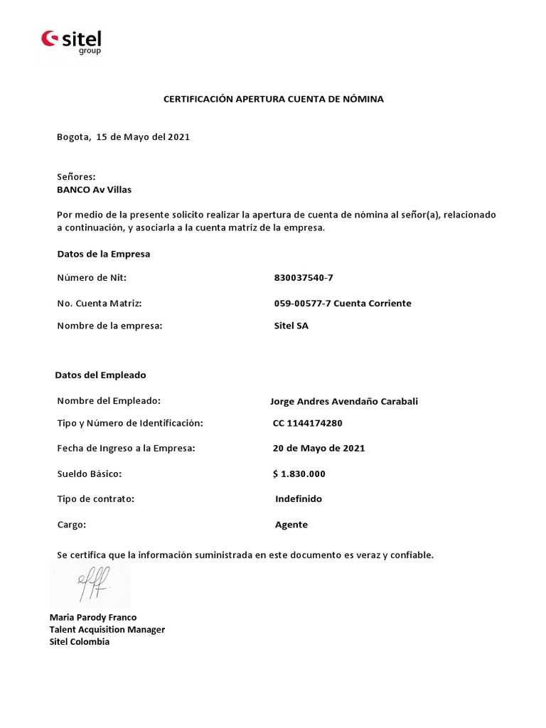 Carta apertura nomina av villas pdf