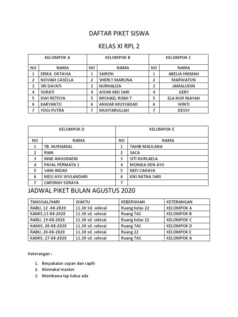Jadwal Piket Siswa Kelas XI RPL 2 | PDF