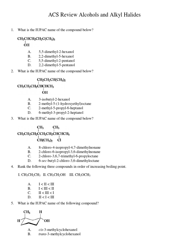 ACS Review Alcohols and Alkyl Halides Key | PDF | Ester | Organic Chemistry