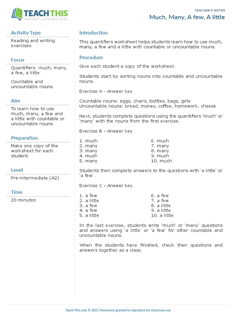 Much Many A Few A Little Worksheet | PDF | Noun | Worksheet