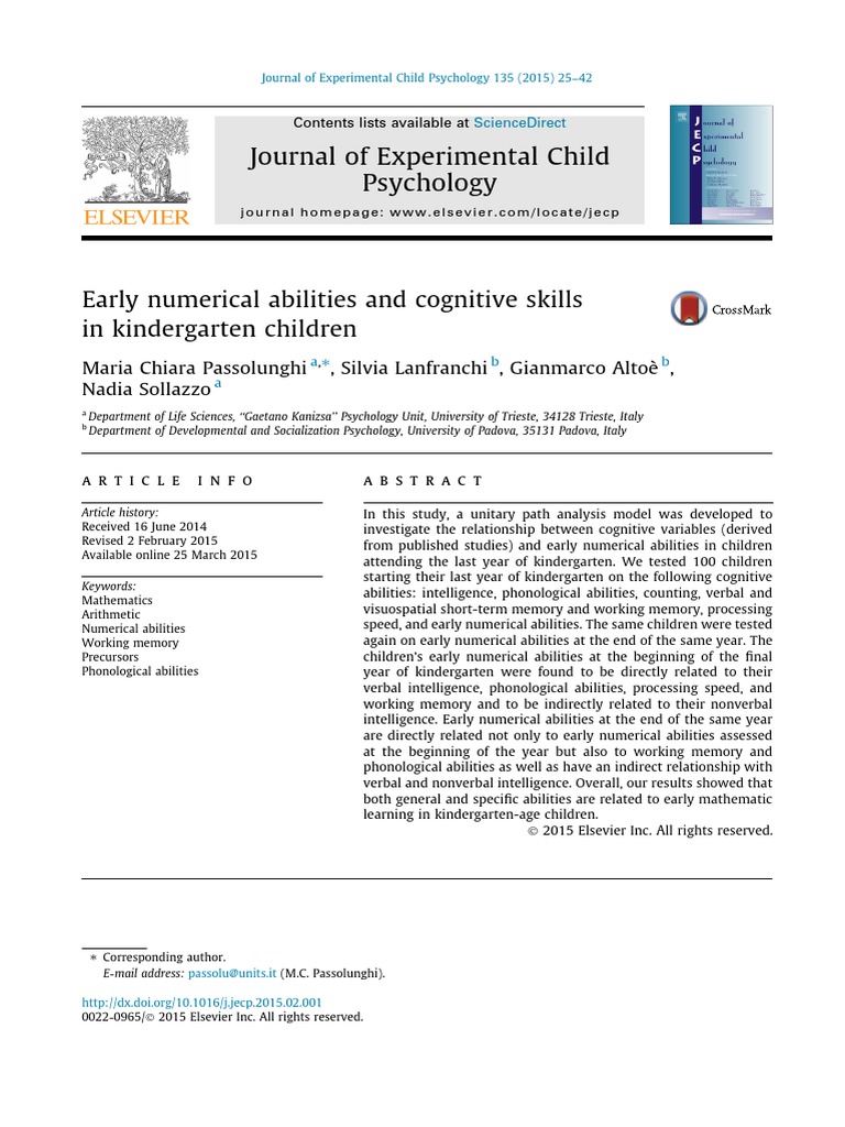 Early Numerical Abilities and Cognitive Skillsin Kindergarten Children ...