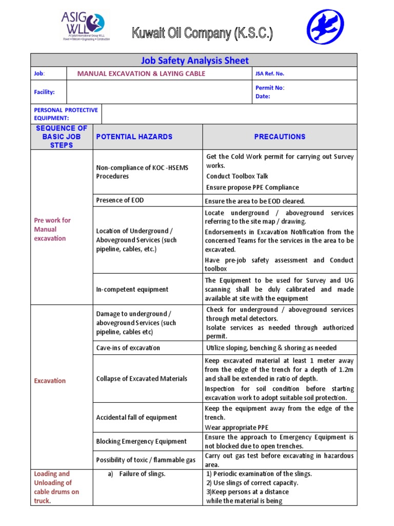 JSA Manual Excavation and Cable Laying PDF Crane (Machine) Safety