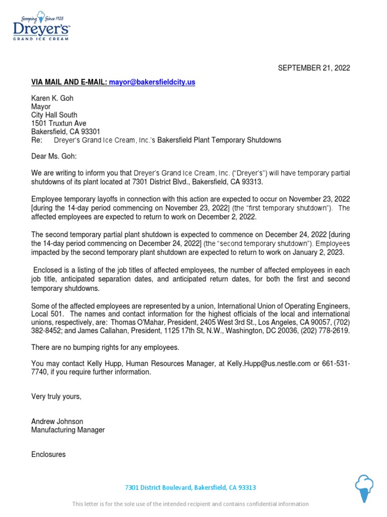 Bakersfield WARN Notice Sent To Local Govt Official PDF Business