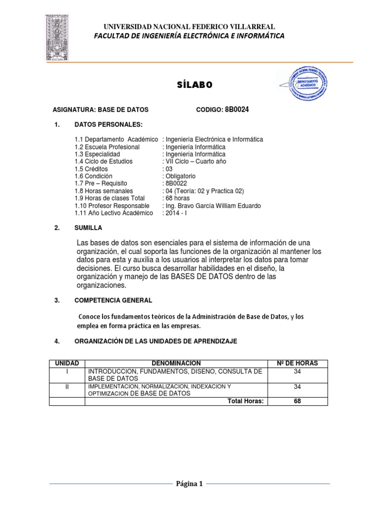 Sílabo de Base de Datos - Ingeniería Informática | PDF | Bases de datos ...